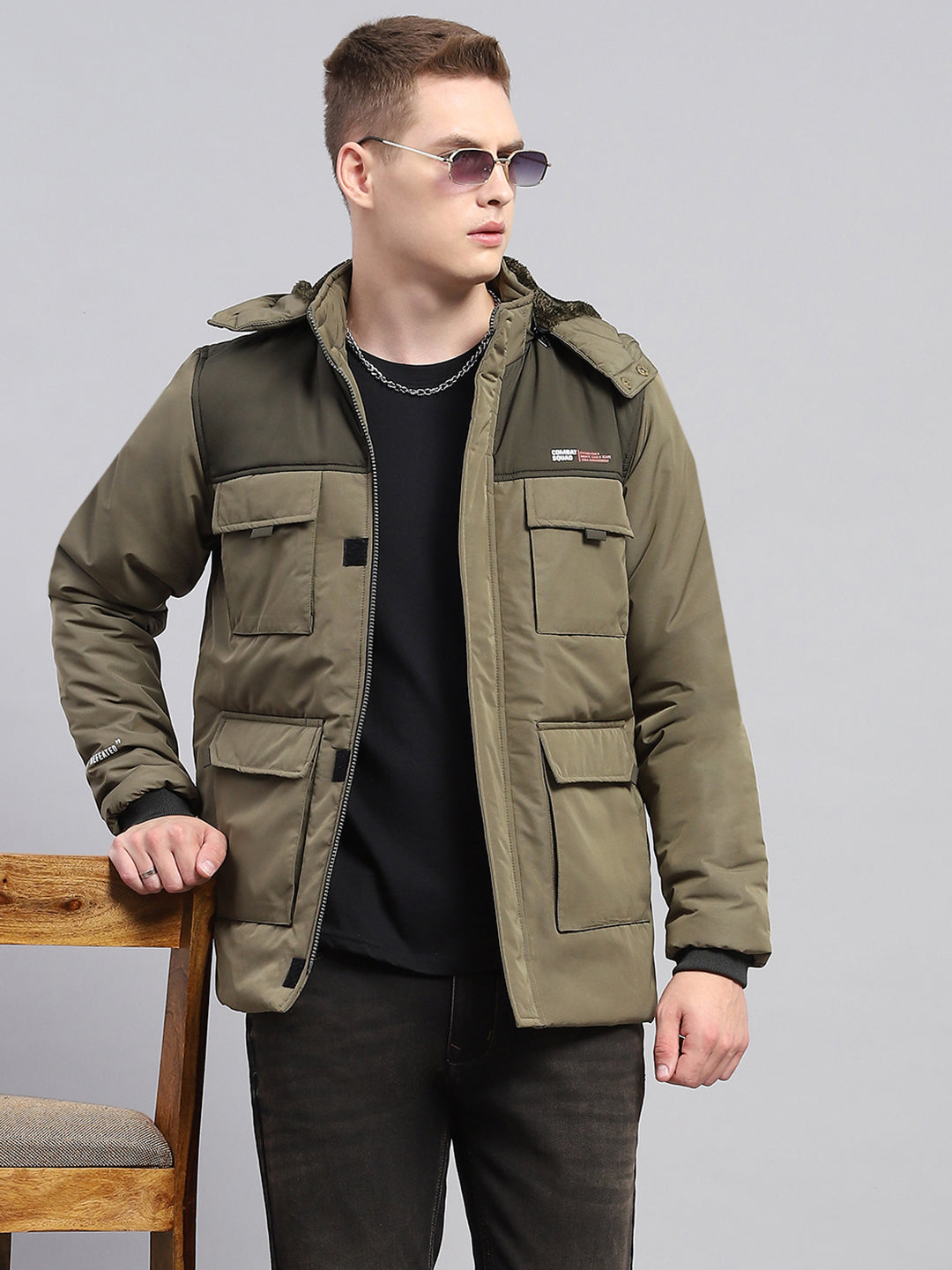 Men Olive Solid Detachable Hood Full Sleeve Jacket