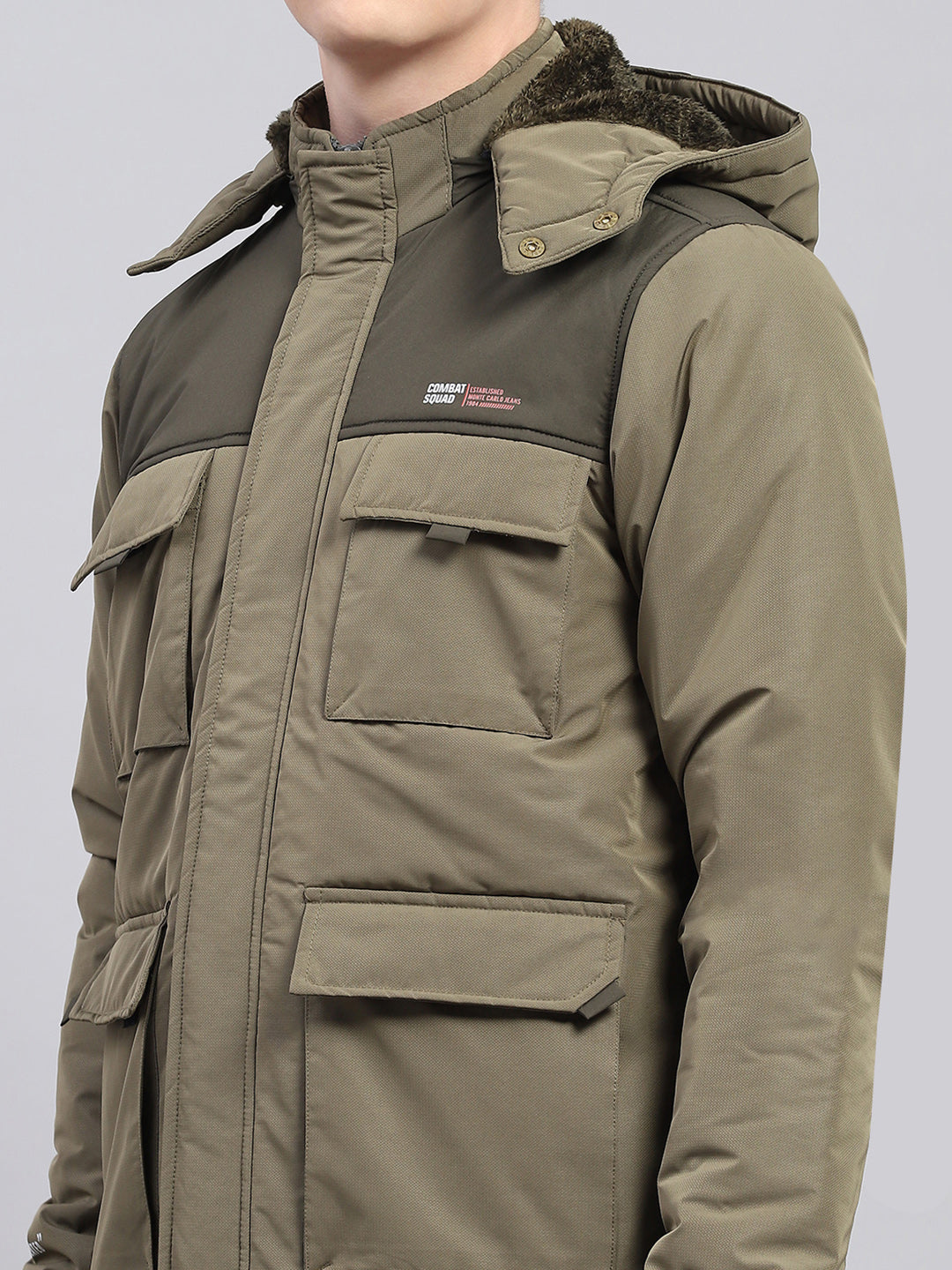 Men Olive Solid Detachable Hood Full Sleeve Jacket