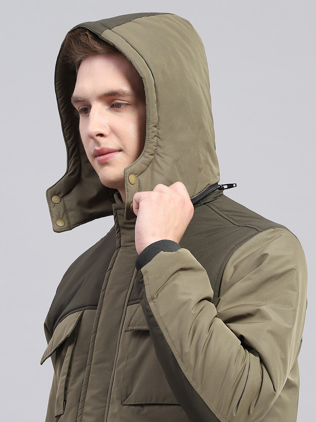 Men Olive Solid Detachable Hood Full Sleeve Jacket