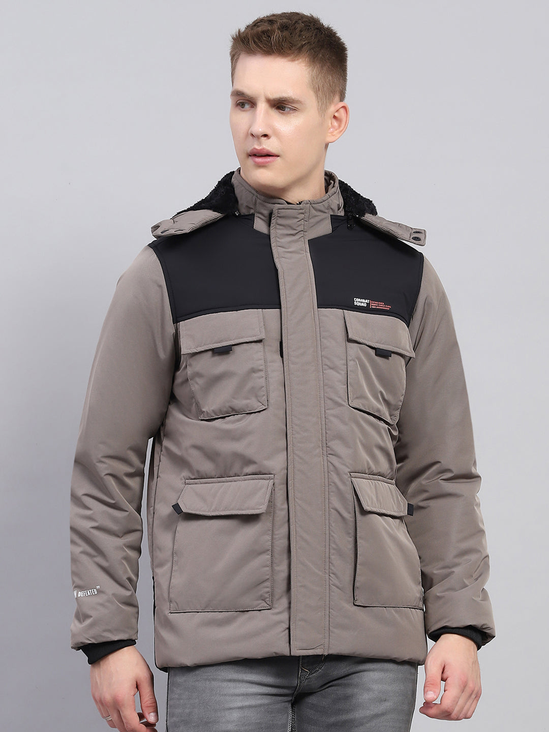 Men Grey Solid Detachable Hood Full Sleeve Jacket