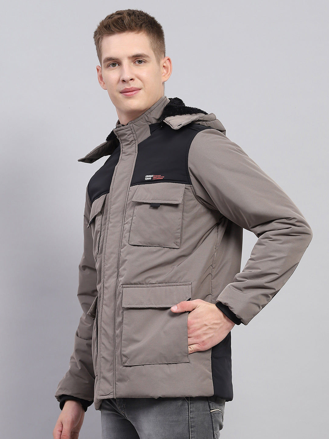 Men Grey Solid Detachable Hood Full Sleeve Jacket