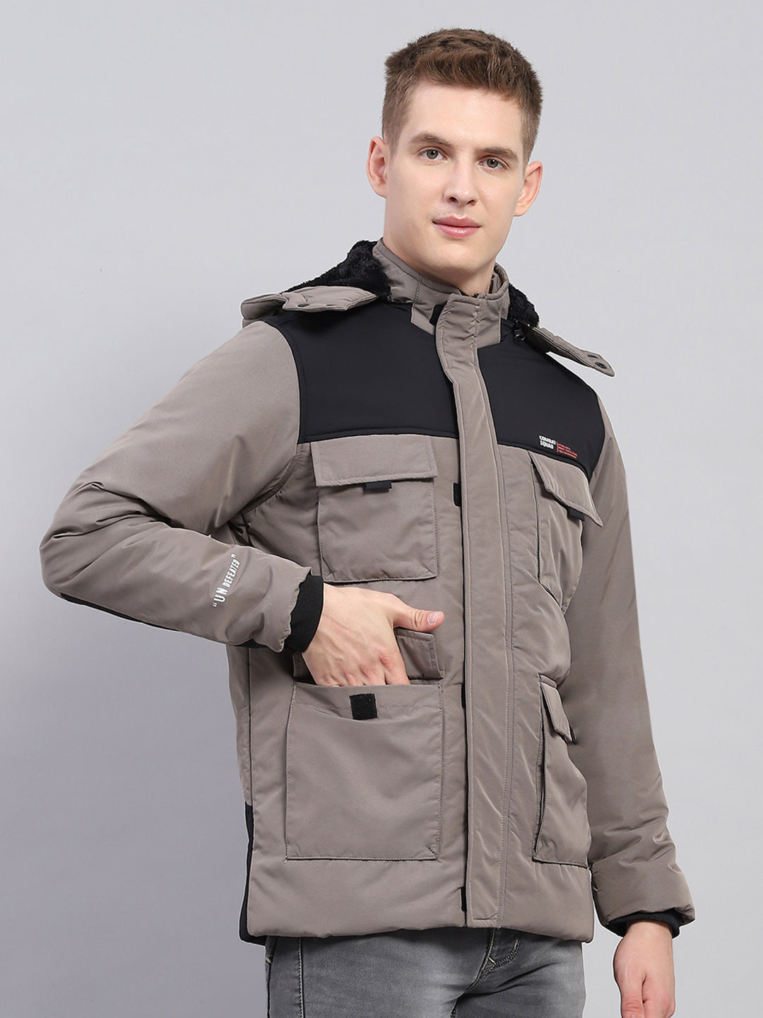 Men Grey Solid Detachable Hood Full Sleeve Jacket