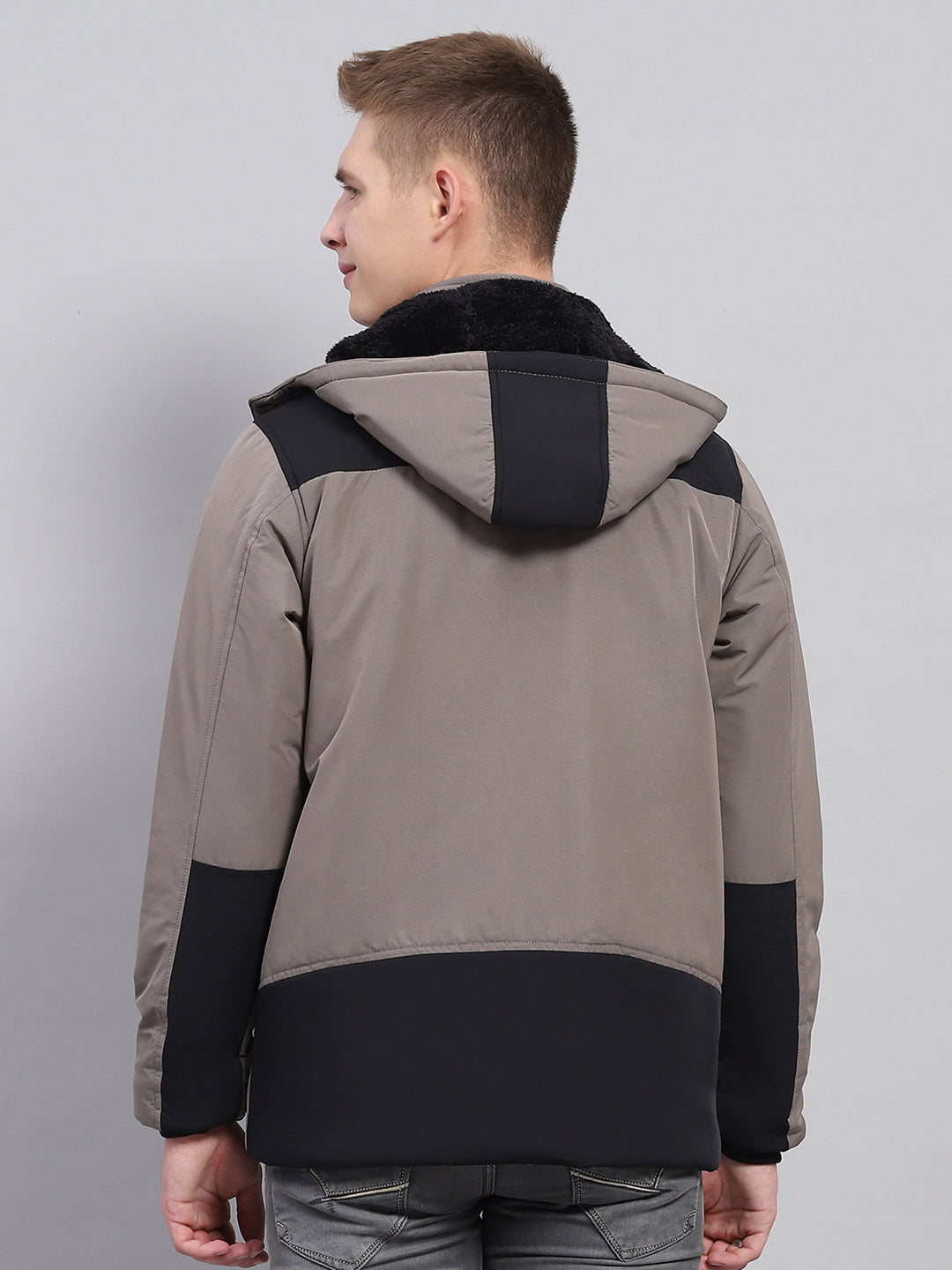 Men Grey Solid Detachable Hood Full Sleeve Jacket