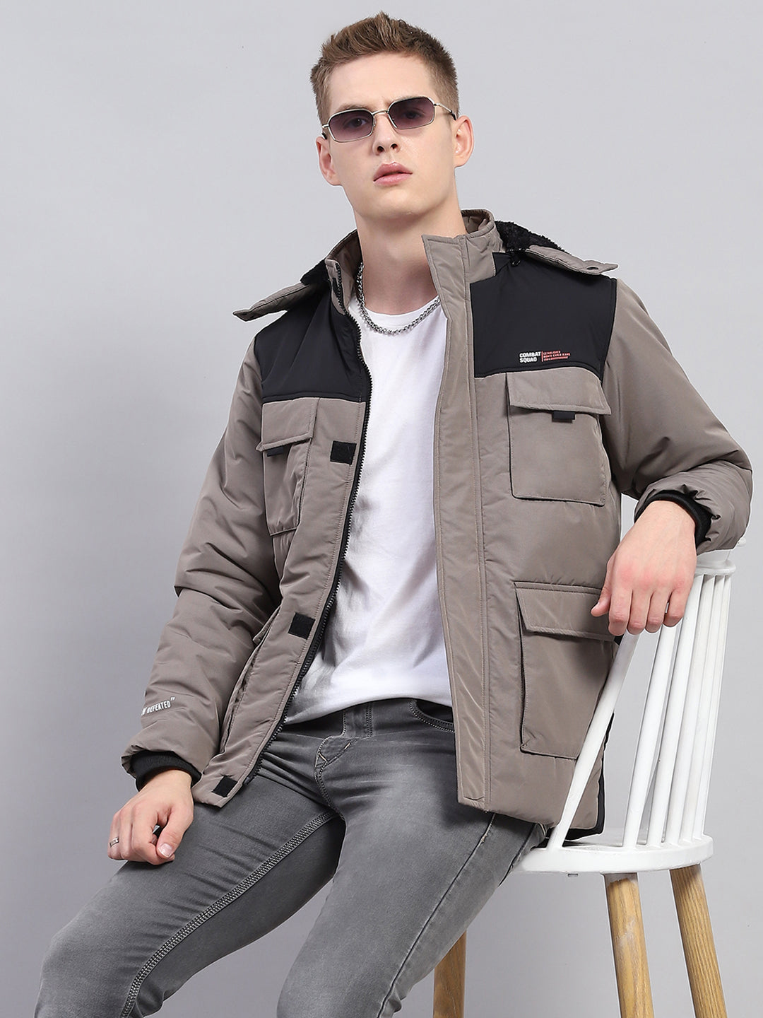 Men Grey Solid Detachable Hood Full Sleeve Jacket