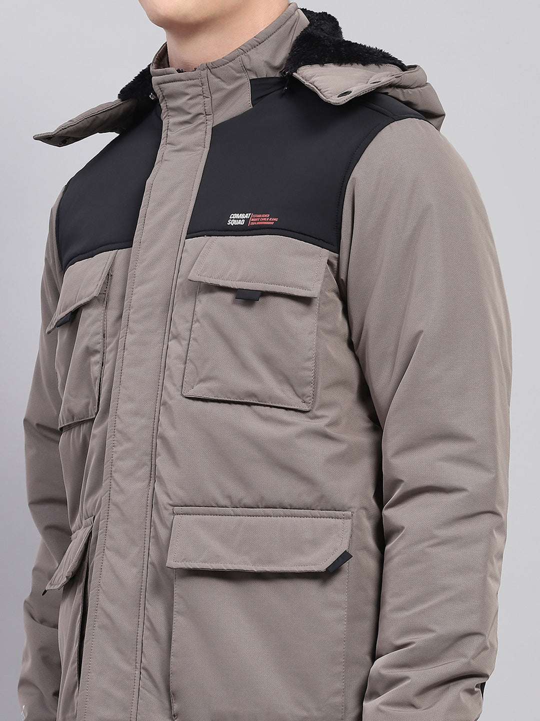 Men Grey Solid Detachable Hood Full Sleeve Jacket