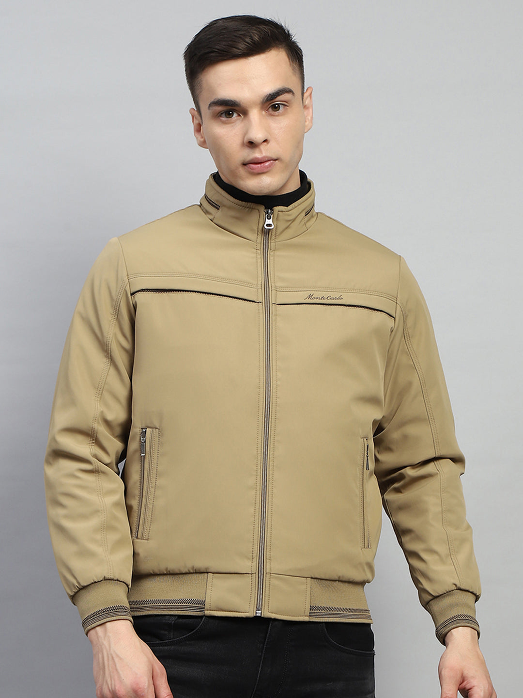 Men Beige Solid Mock Neck Full Sleeve Jacket