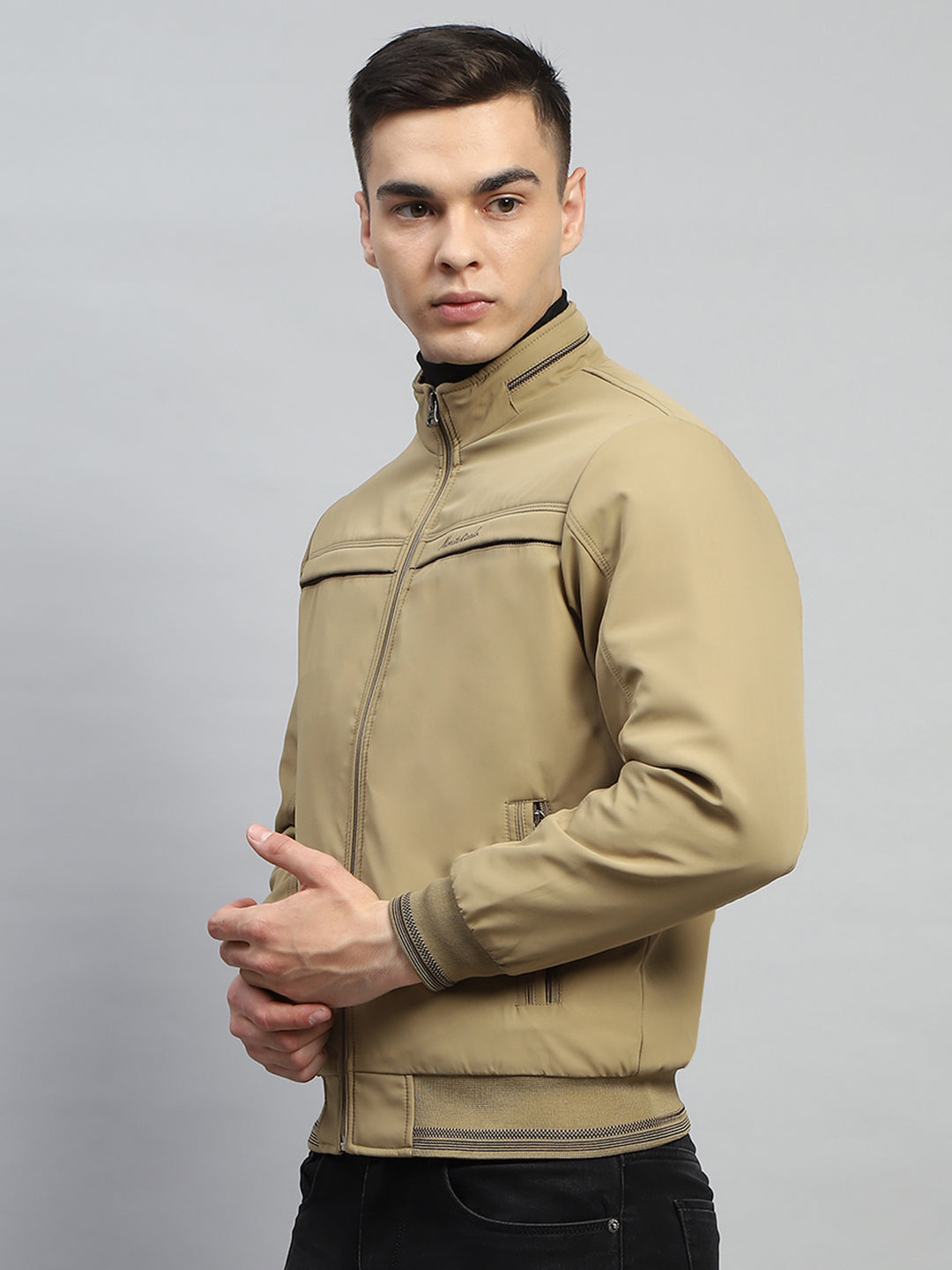 Men Beige Solid Mock Neck Full Sleeve Jacket