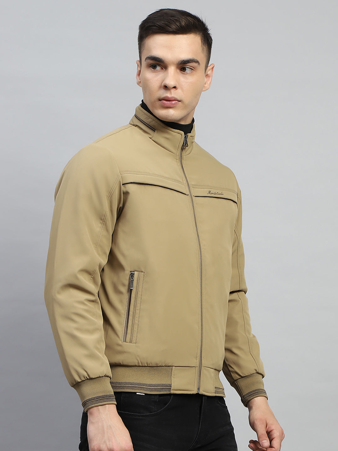 Men Beige Solid Mock Neck Full Sleeve Jacket