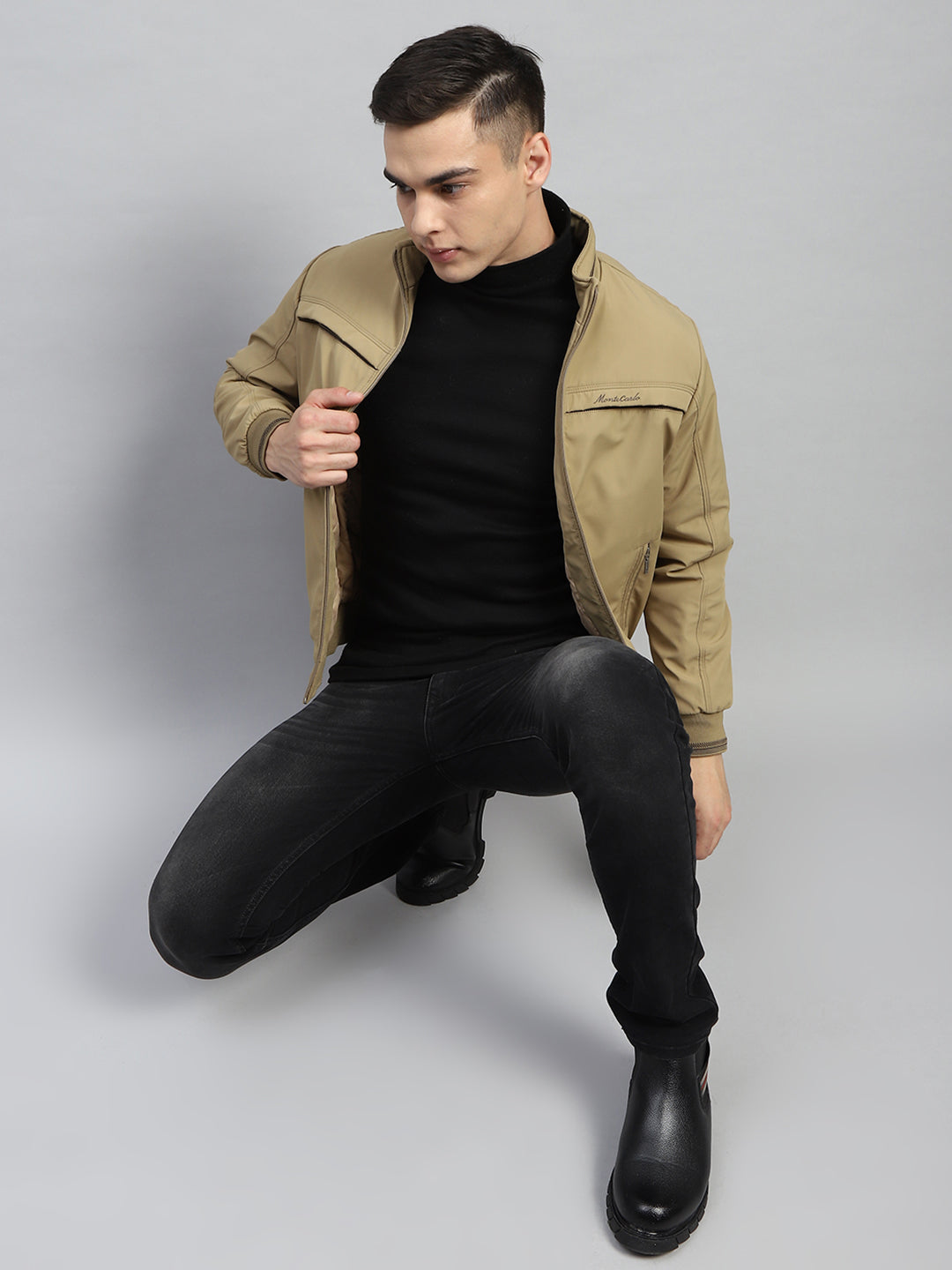 Men Beige Solid Mock Neck Full Sleeve Jacket