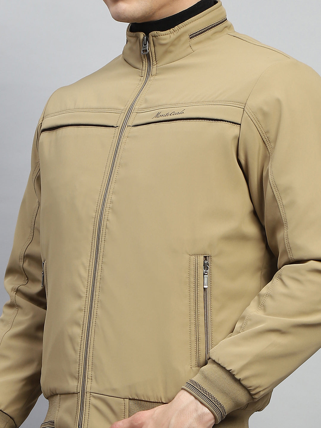 Men Beige Solid Mock Neck Full Sleeve Jacket