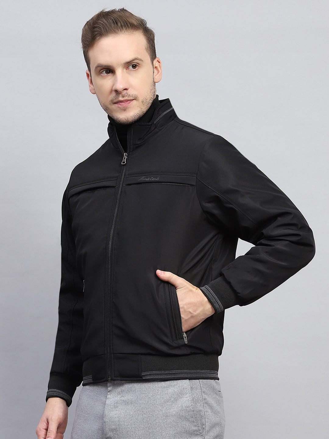 Men Black Solid Mock Neck Full Sleeve Jacket