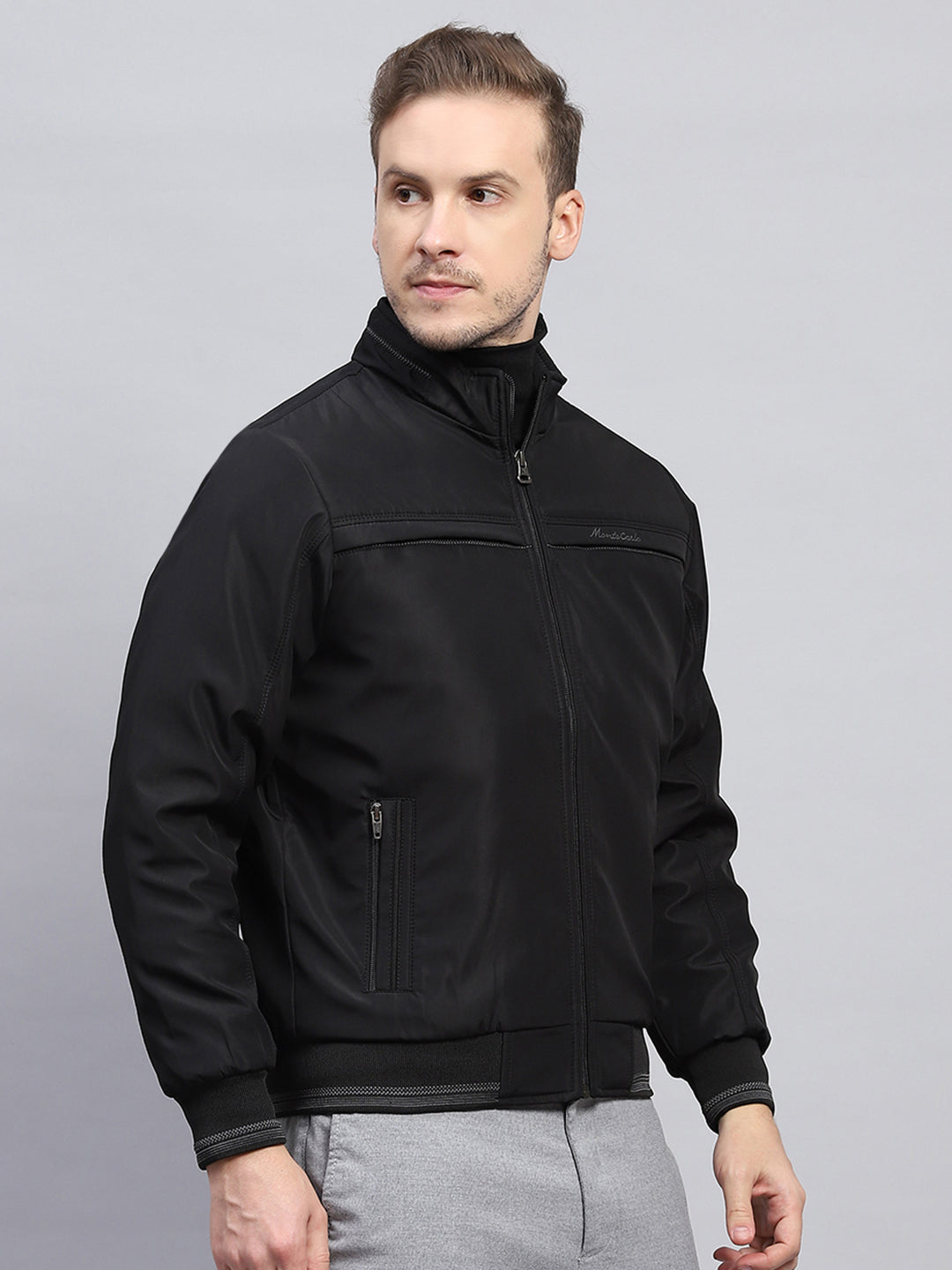 Men Black Solid Mock Neck Full Sleeve Jacket