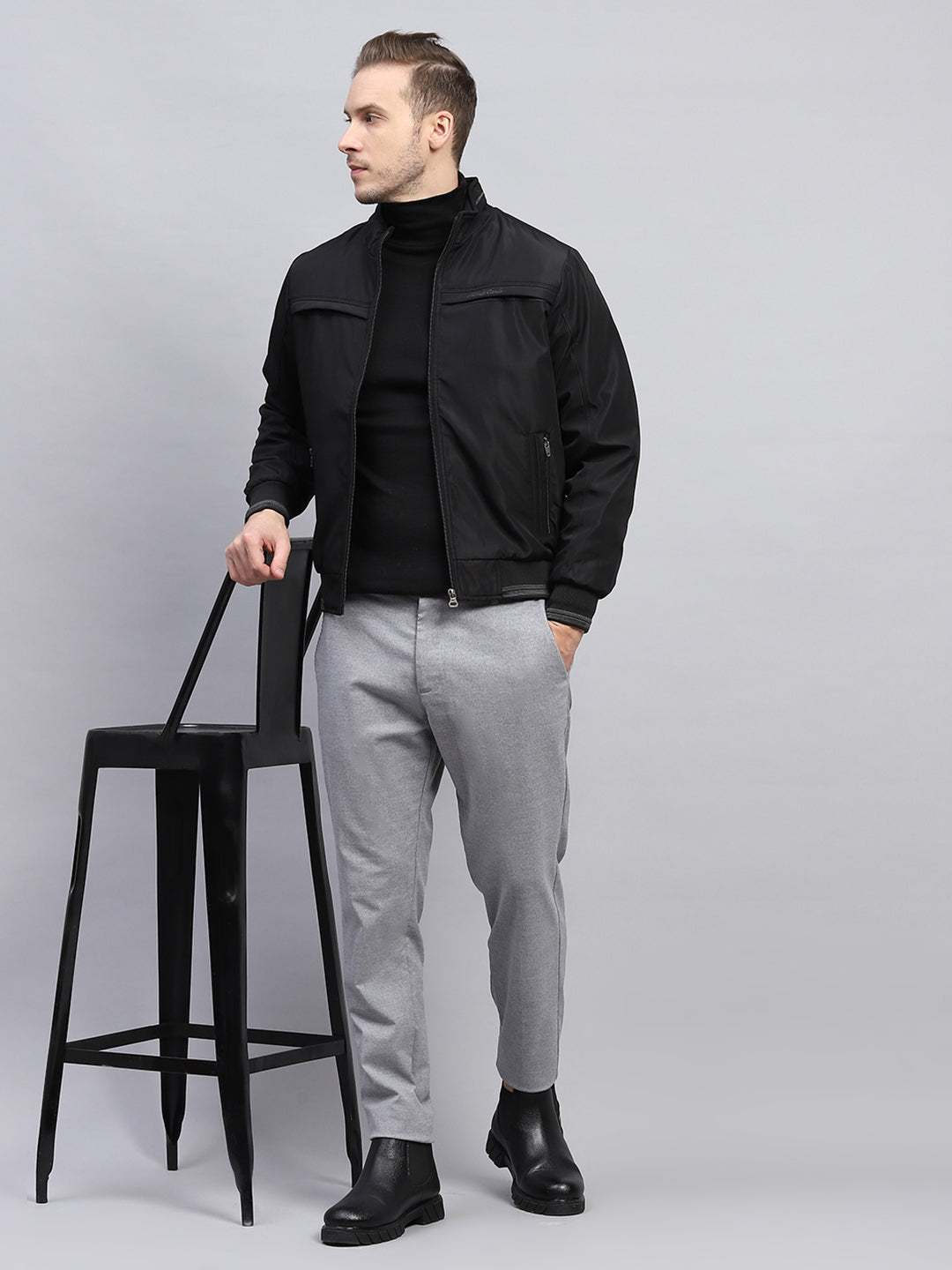 Men Black Solid Mock Neck Full Sleeve Jacket