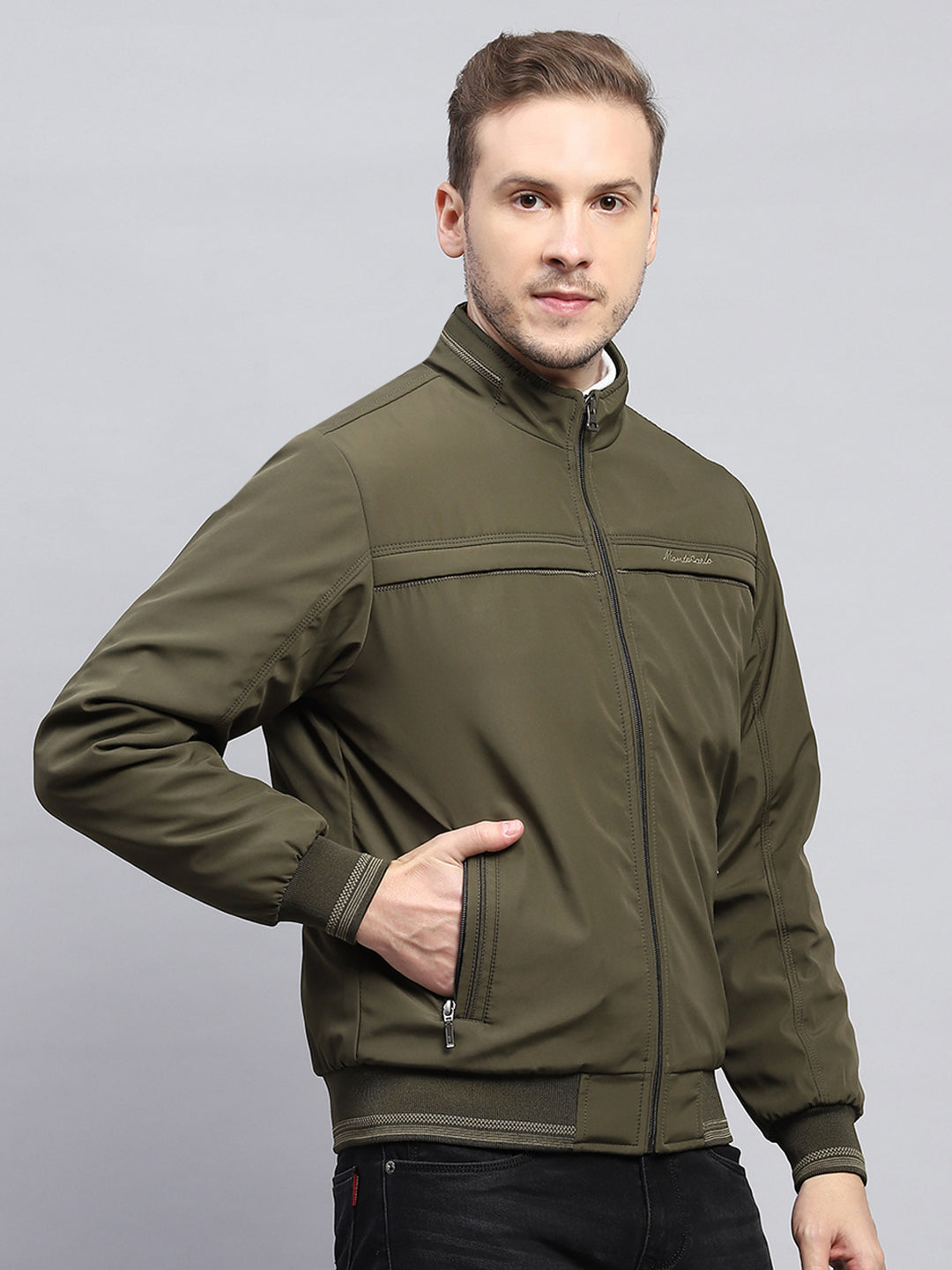 Men Olive Solid Mock Neck Full Sleeve Jacket