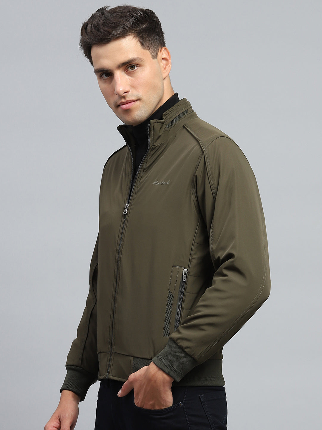 Men Olive Solid Mock Neck Full Sleeve Jacket