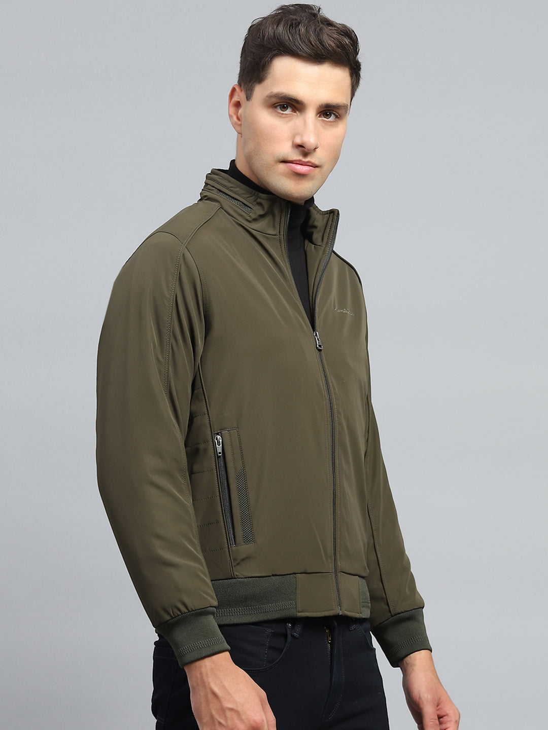 Men Olive Solid Mock Neck Full Sleeve Jacket