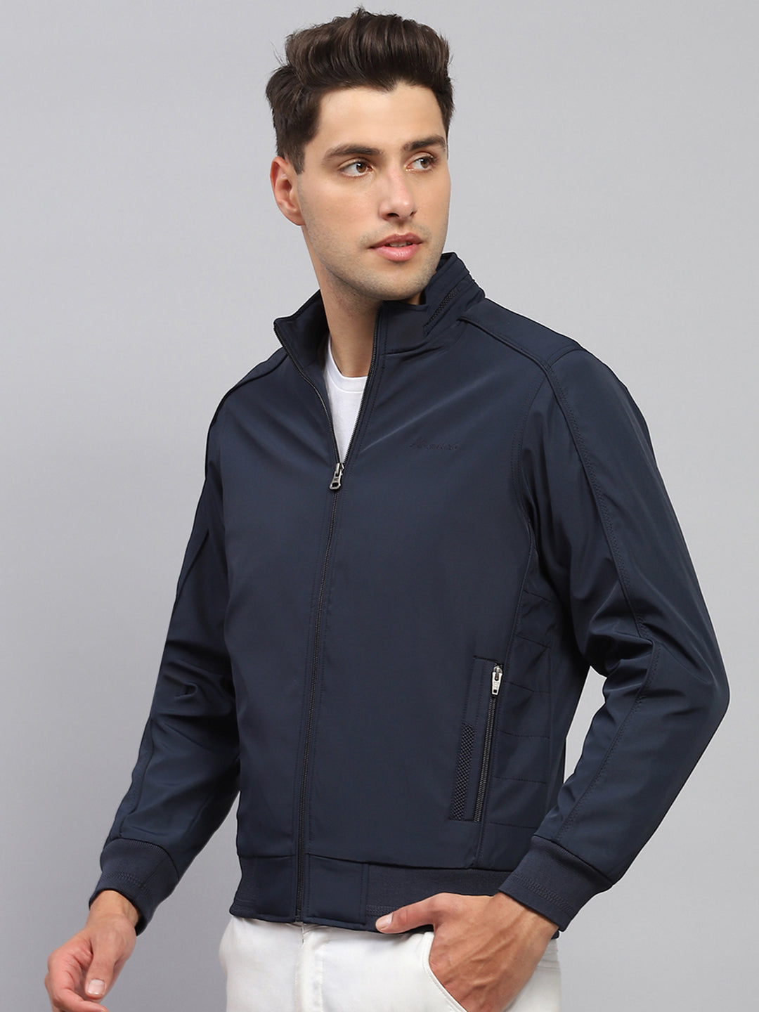 Men Navy Blue Solid Mock Neck Full Sleeve Jacket