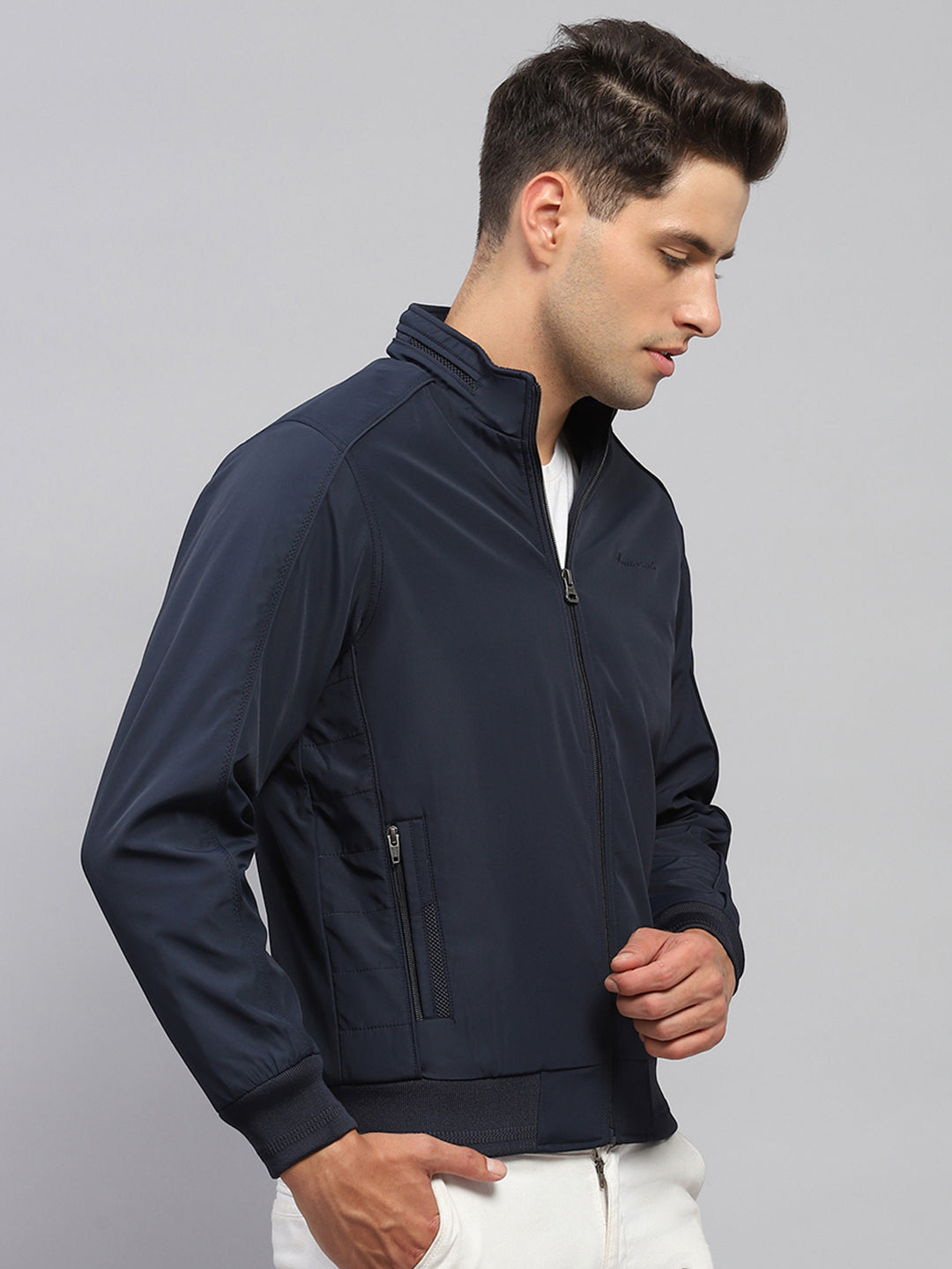 Men Navy Blue Solid Mock Neck Full Sleeve Jacket