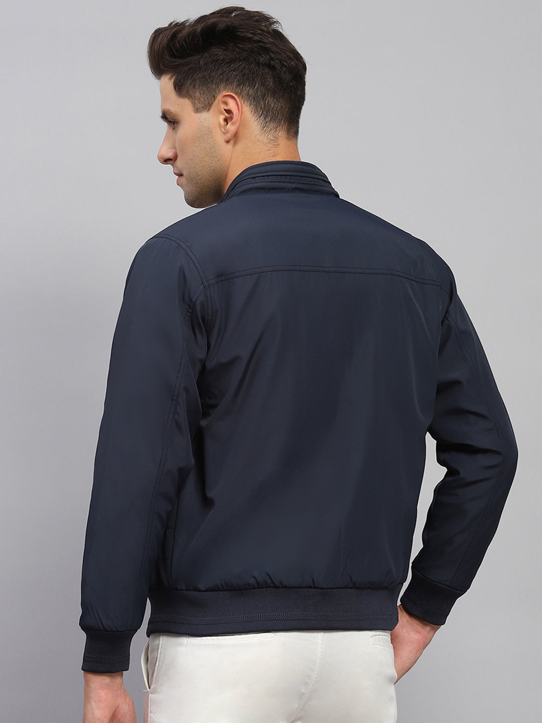 Men Navy Blue Solid Mock Neck Full Sleeve Jacket