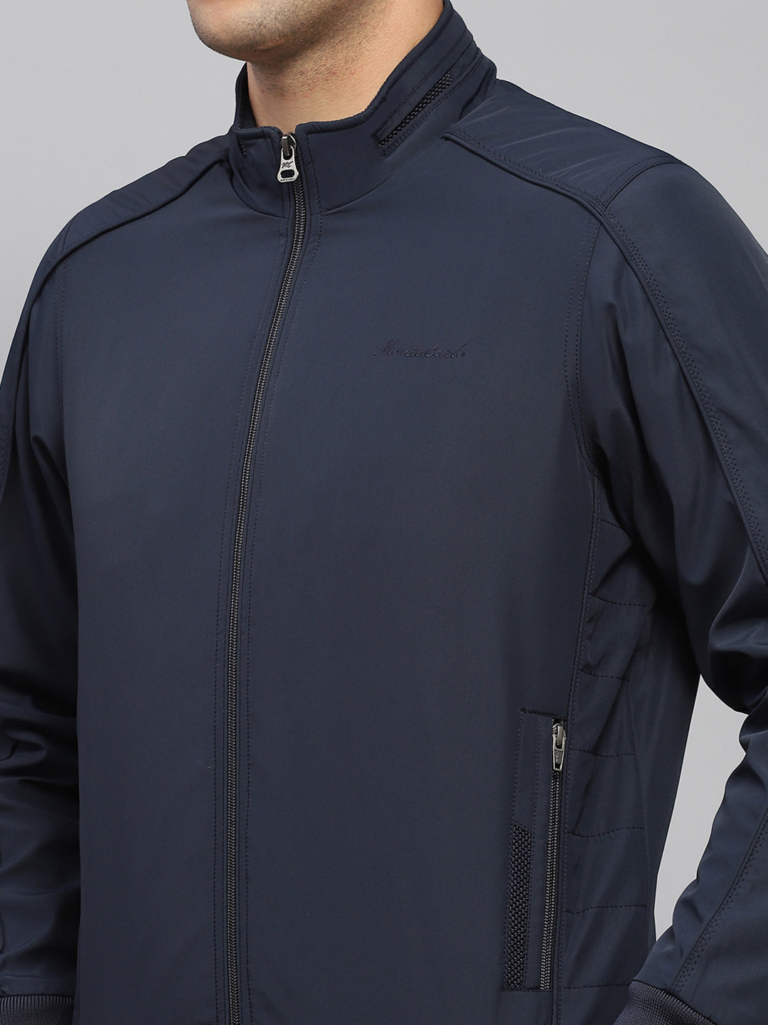 Men Navy Blue Solid Mock Neck Full Sleeve Jacket