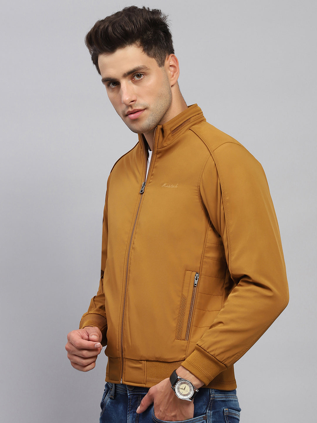 Men Mustard Solid Mock Neck Full Sleeve Jacket