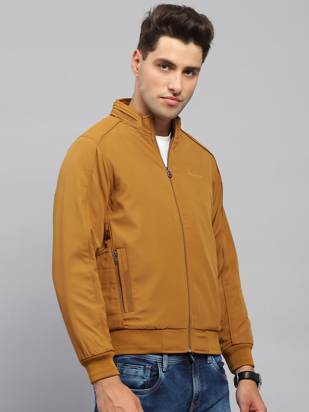 Men Mustard Solid Mock Neck Full Sleeve Jacket