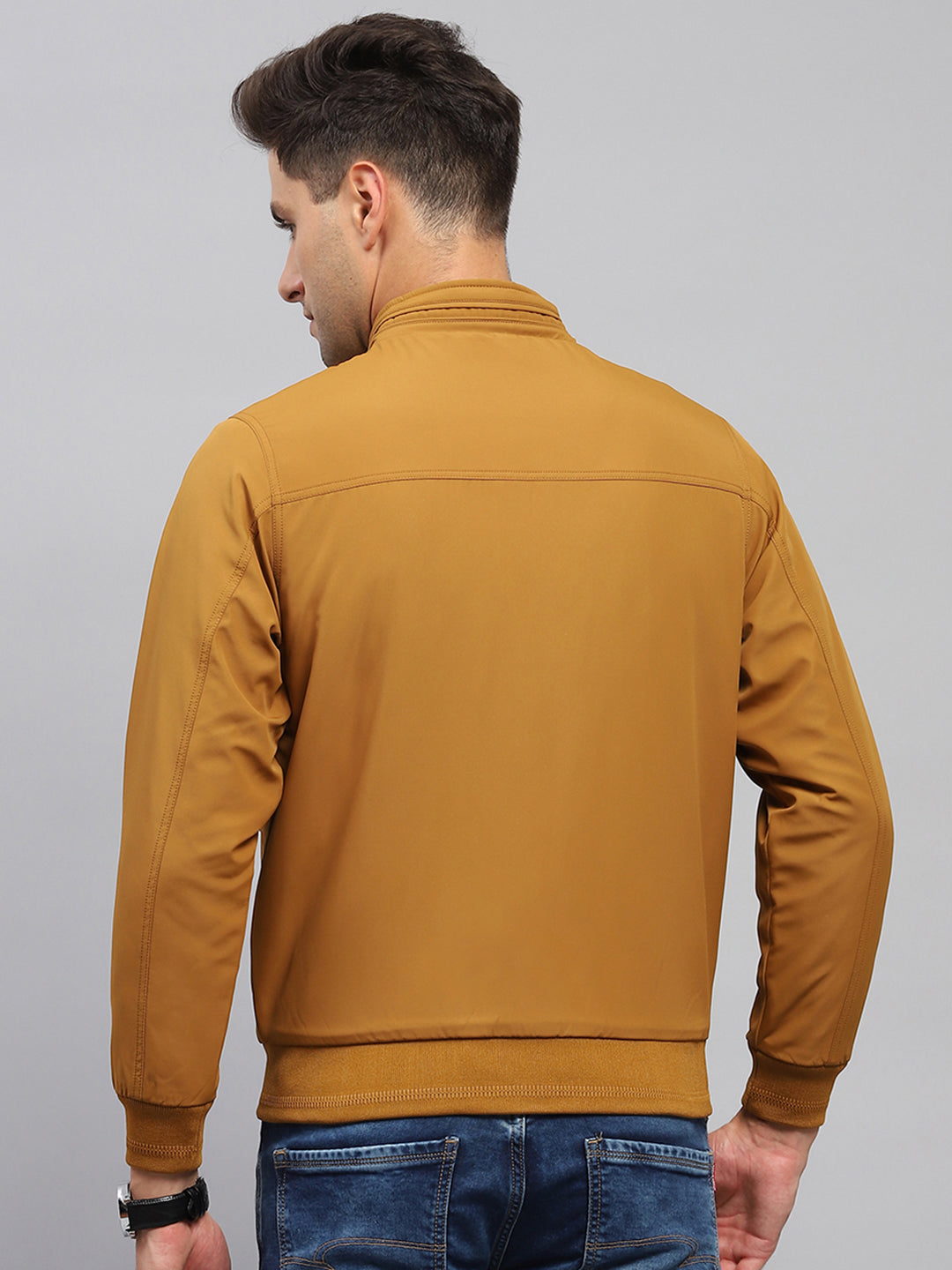 Men Mustard Solid Mock Neck Full Sleeve Jacket