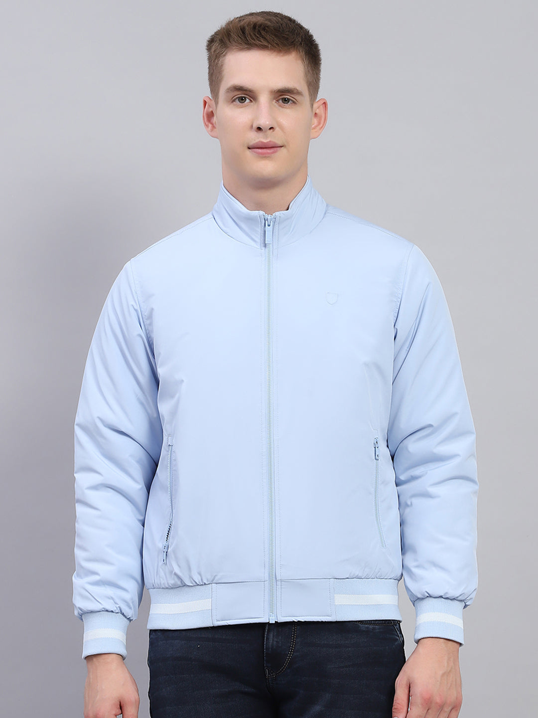 Men Sky Blue Solid Mock Neck Full Sleeve Jacket