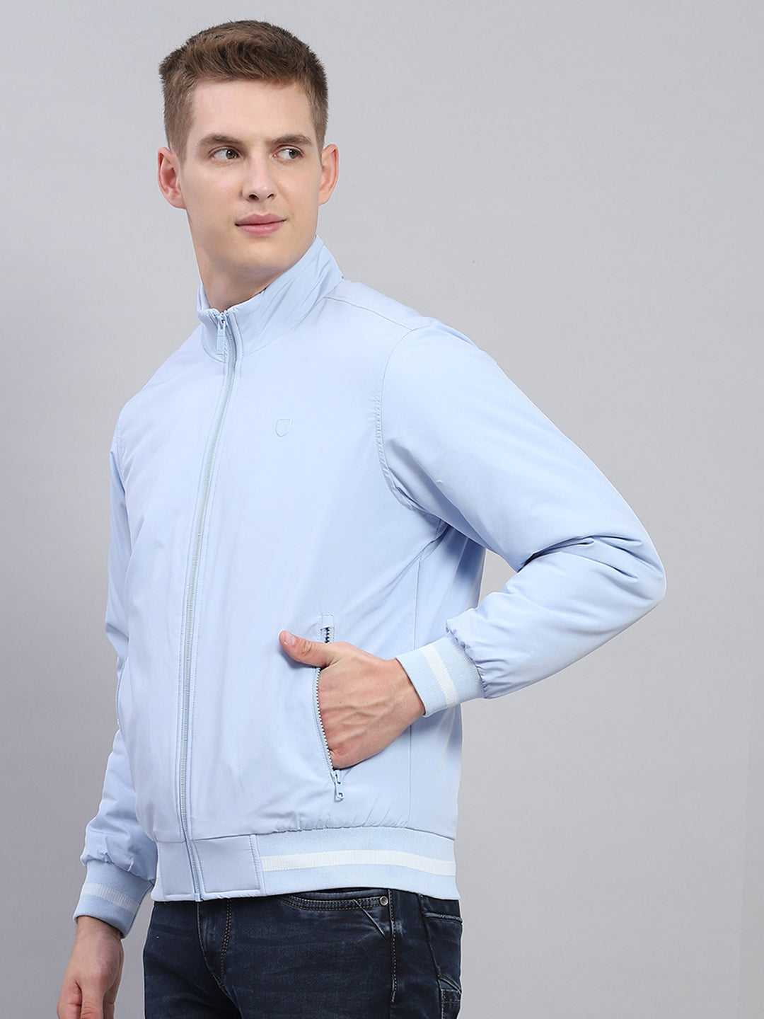 Men Sky Blue Solid Mock Neck Full Sleeve Jacket