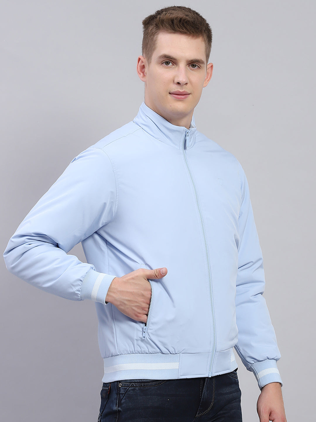 Men Sky Blue Solid Mock Neck Full Sleeve Jacket