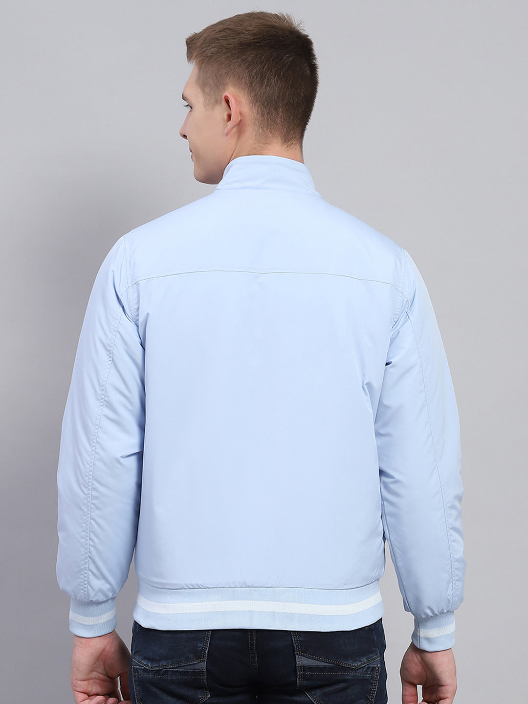 Men Sky Blue Solid Mock Neck Full Sleeve Jacket