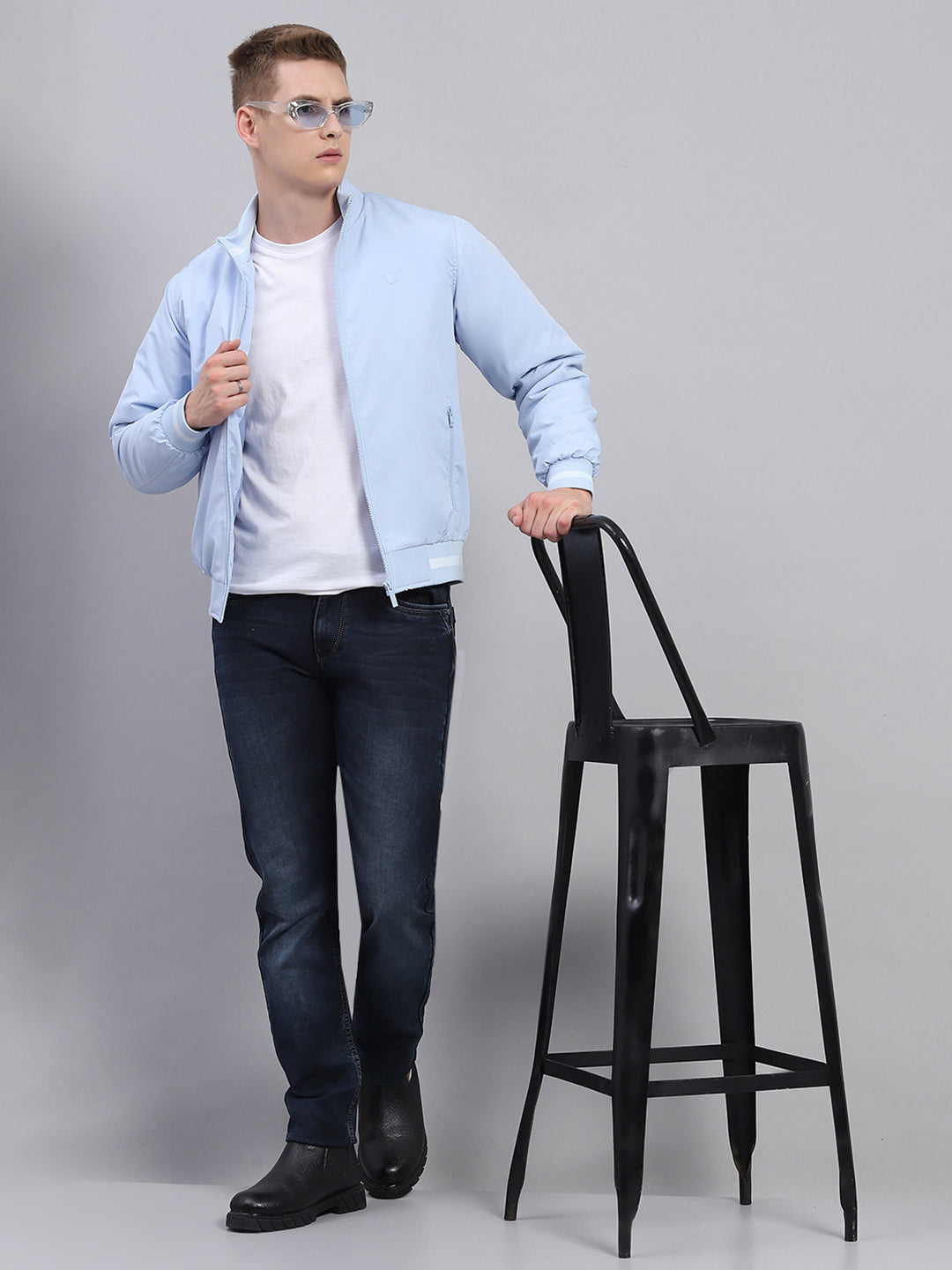 Men Sky Blue Solid Mock Neck Full Sleeve Jacket