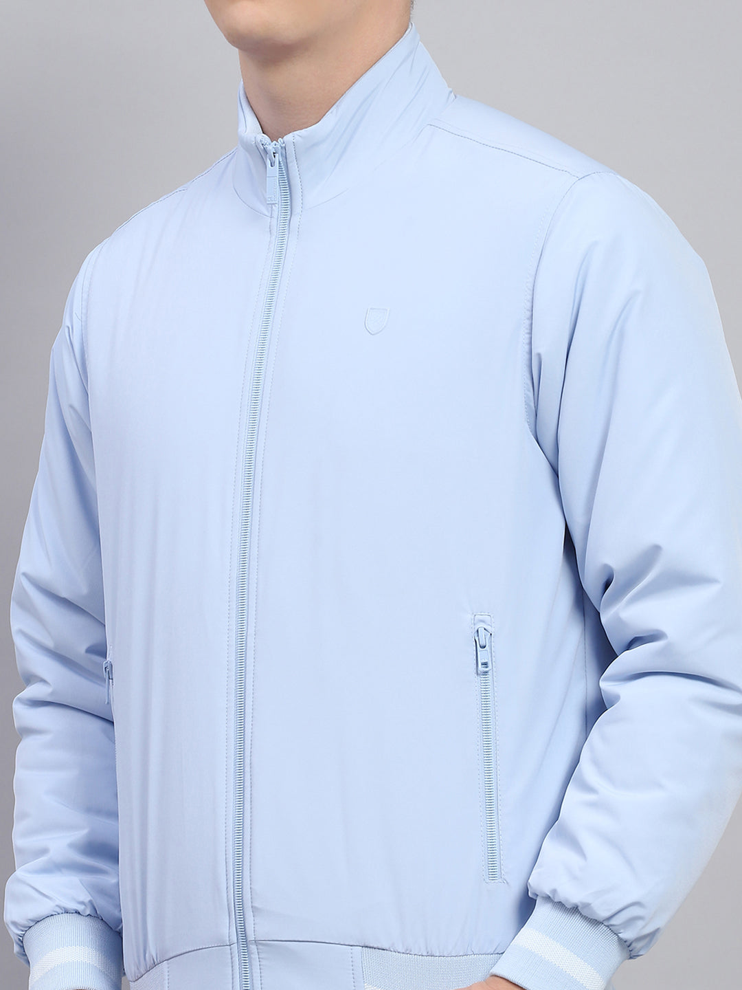 Men Sky Blue Solid Mock Neck Full Sleeve Jacket