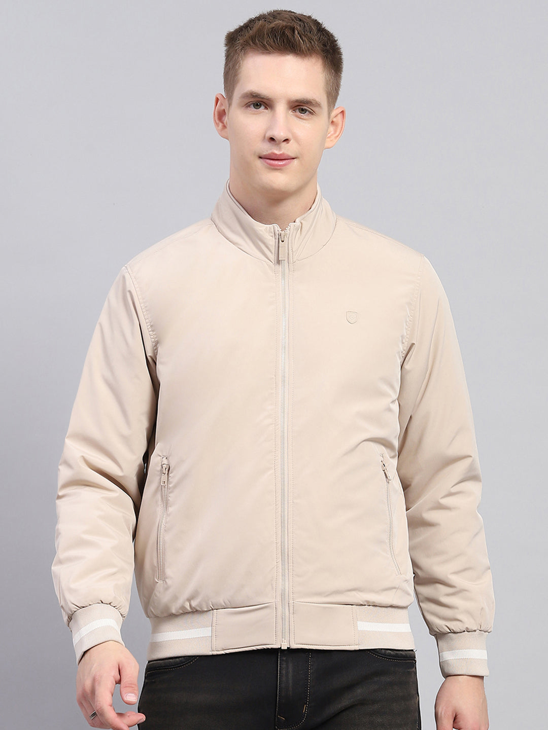 Men Beige Solid Mock Neck Full Sleeve Jacket