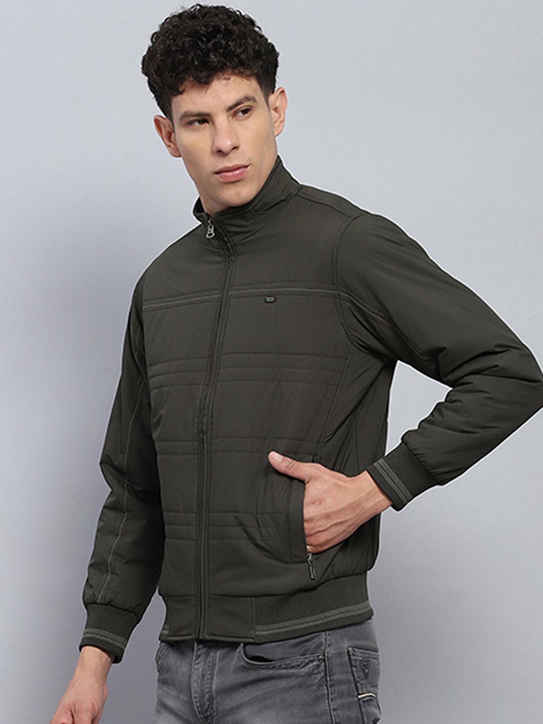 Men Olive Solid Mock Neck Full Sleeve Jacket