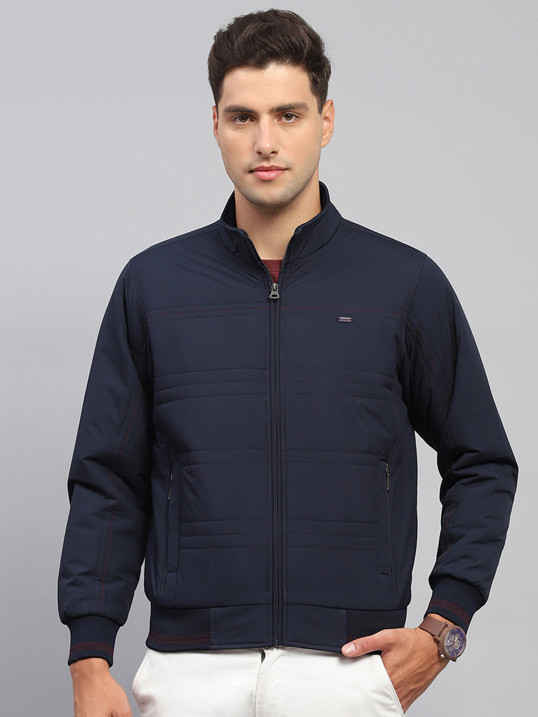 Men Navy Blue Solid Mock Neck Full Sleeve Jacket