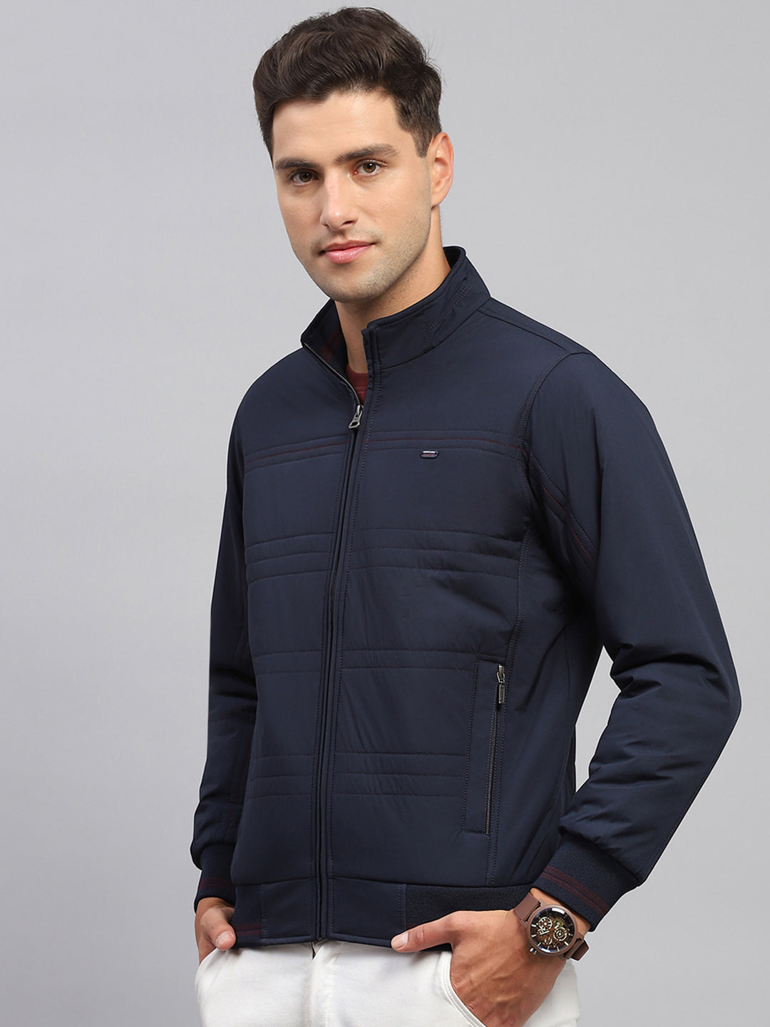 Men Navy Blue Solid Mock Neck Full Sleeve Jacket