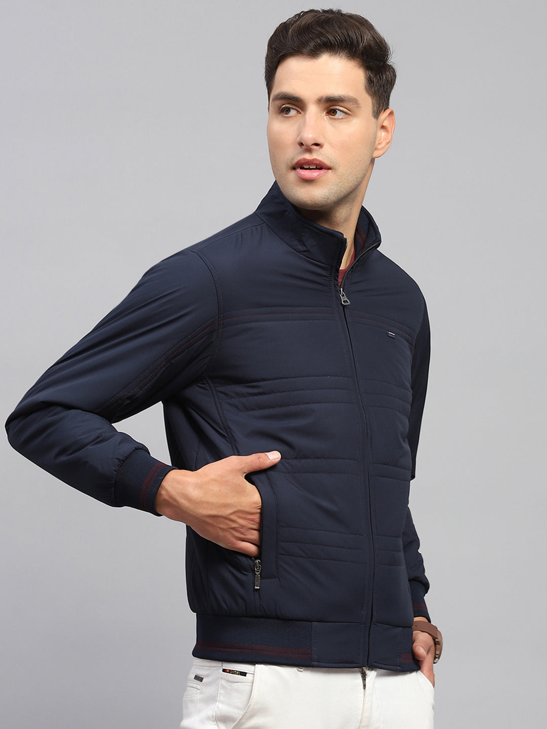 Men Navy Blue Solid Mock Neck Full Sleeve Jacket