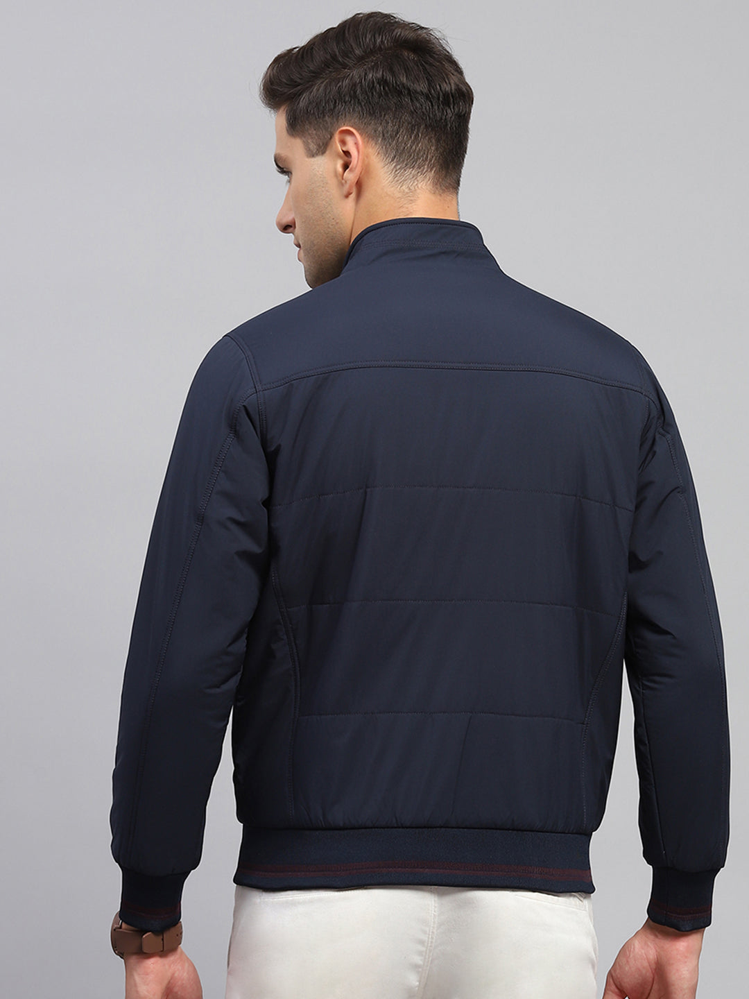 Men Navy Blue Solid Mock Neck Full Sleeve Jacket