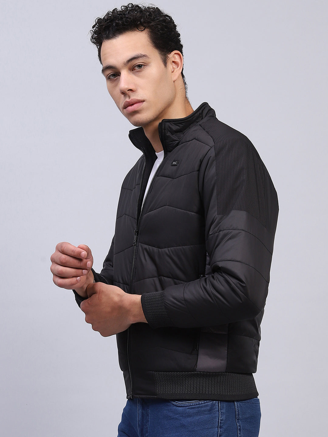 Men Black Solid Mock Neck Full Sleeve Jacket