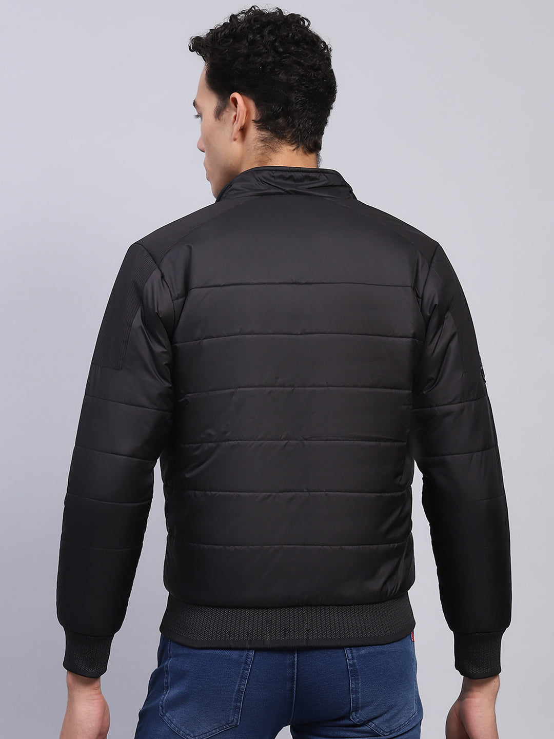 Men Black Solid Mock Neck Full Sleeve Jacket