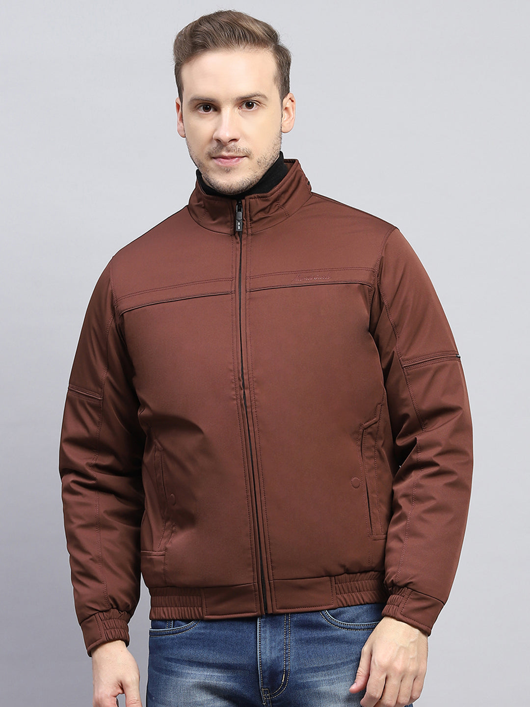 Men Brown Solid Mock Neck Full Sleeve Jacket