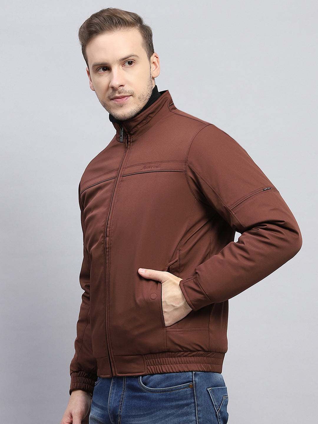 Men Brown Solid Mock Neck Full Sleeve Jacket