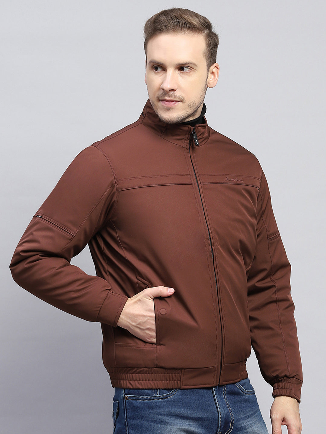 Men Brown Solid Mock Neck Full Sleeve Jacket