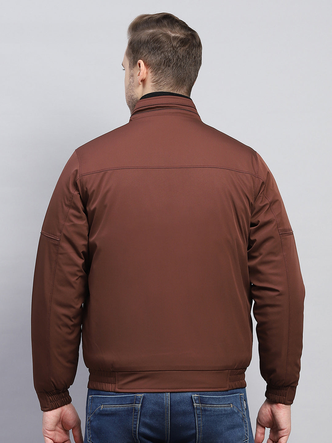 Men Brown Solid Mock Neck Full Sleeve Jacket