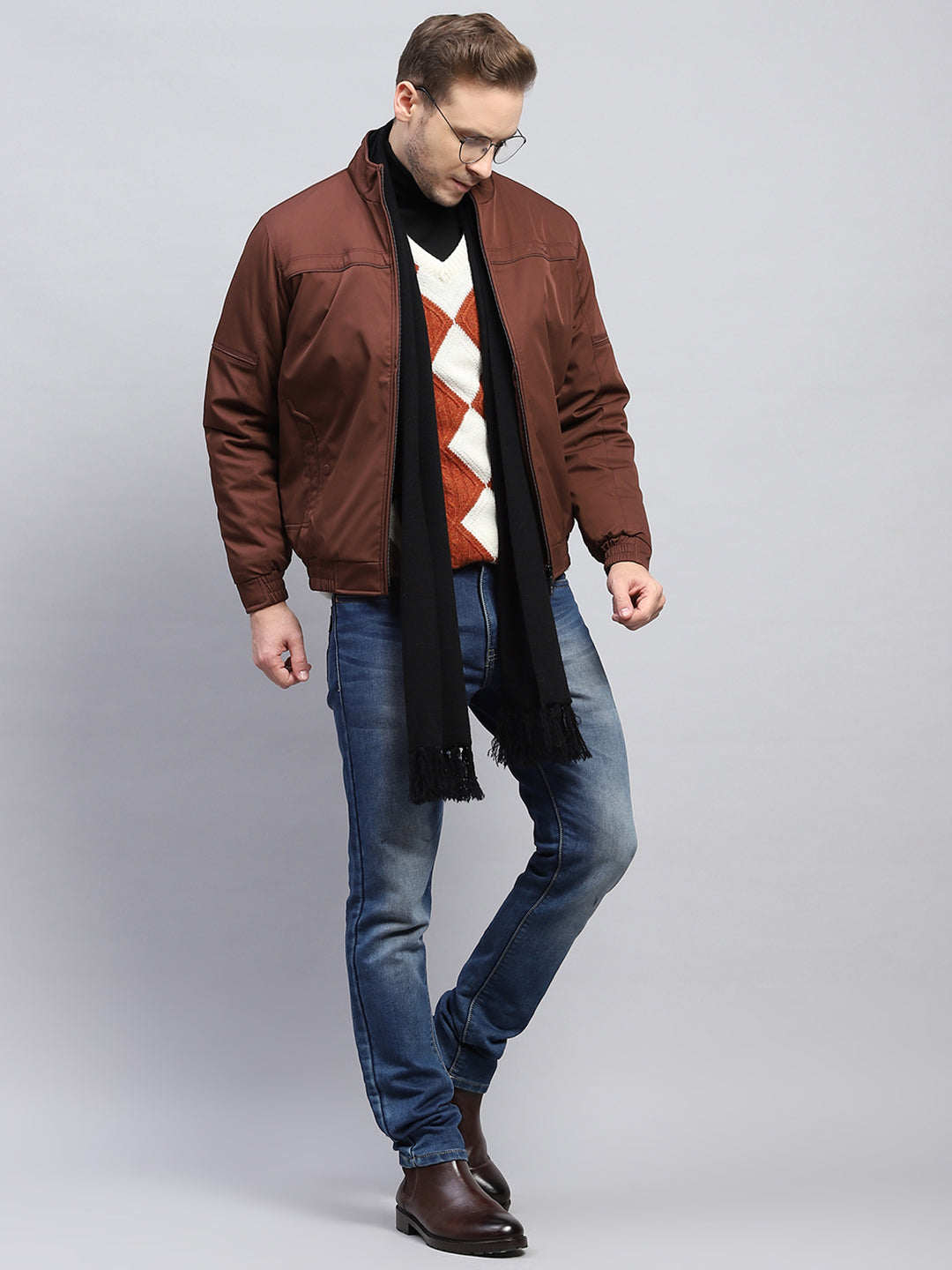 Men Brown Solid Mock Neck Full Sleeve Jacket