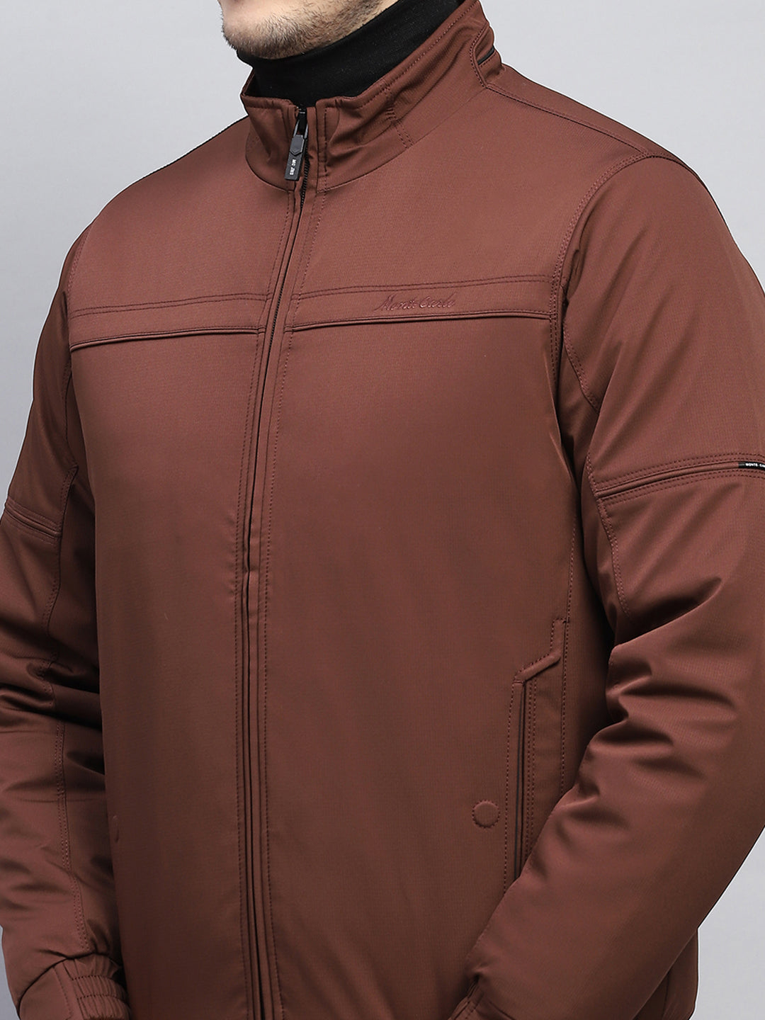 Men Brown Solid Mock Neck Full Sleeve Jacket