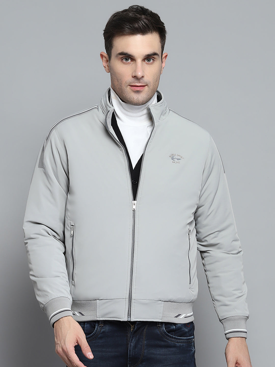 Men Grey Solid Mock Neck Full Sleeve Jacket