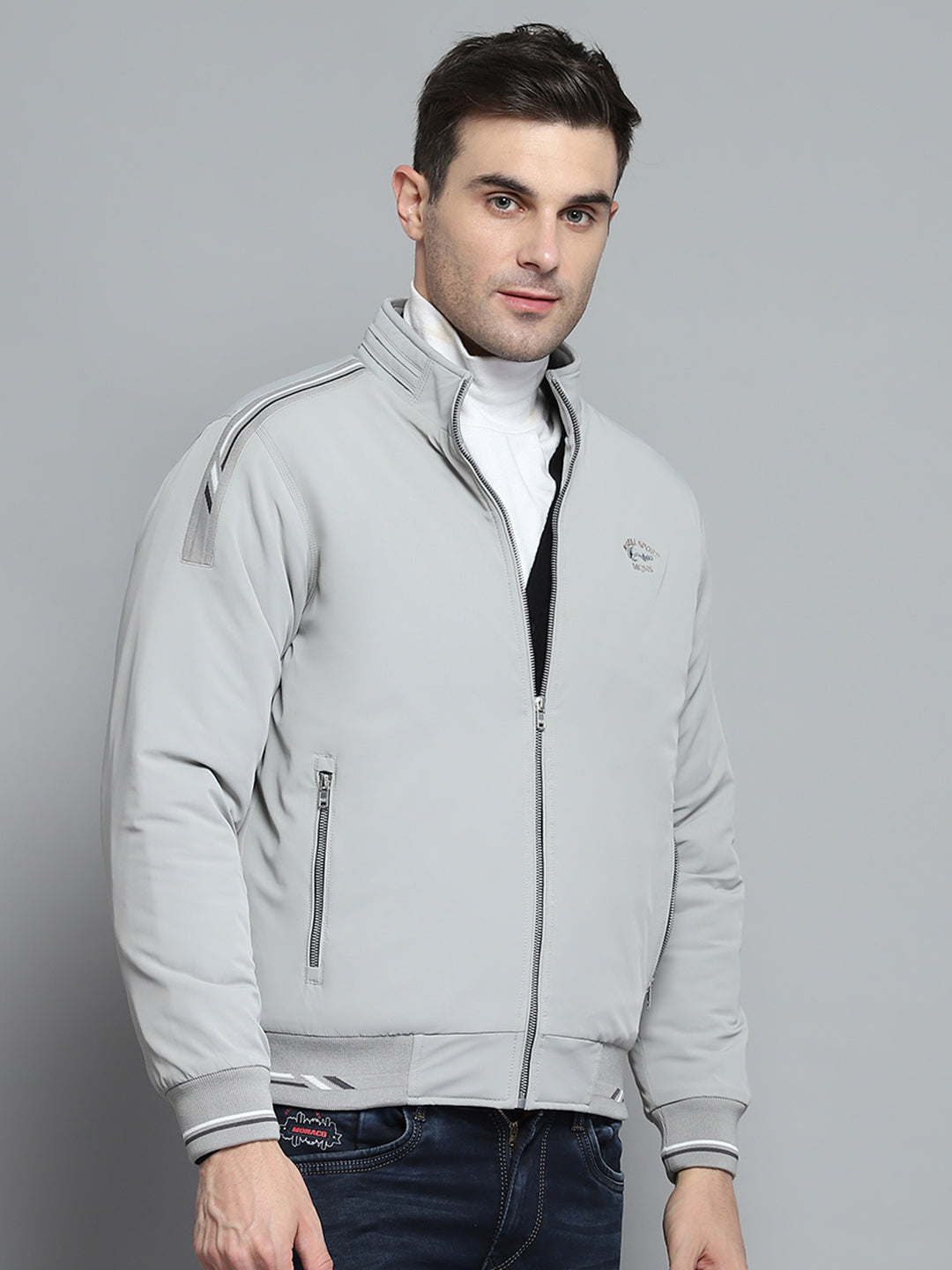 Men Grey Solid Mock Neck Full Sleeve Jacket