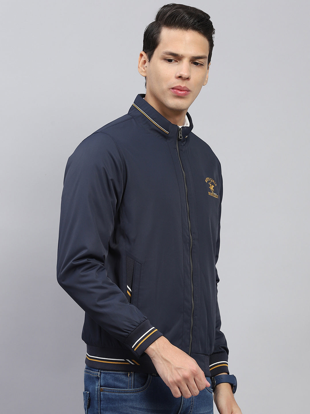 Men Navy Blue Solid Mock Neck Full Sleeve Jacket